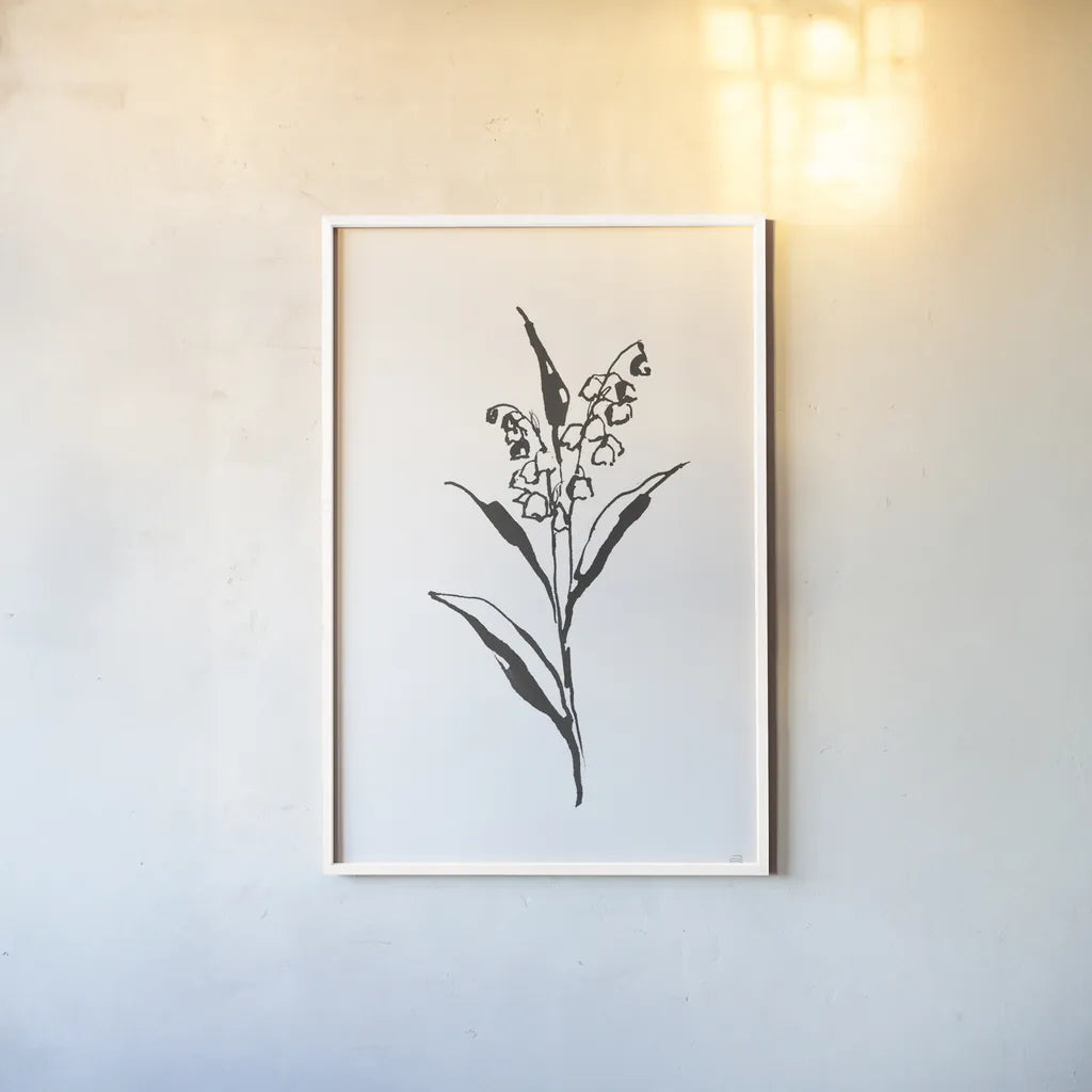 Line Lily of the Valley II by Chris Paschke. shown as a paper print in a white frame. Available as a archival giclee rolled canvas, fine art paper, or poster print. SKU 64185h.