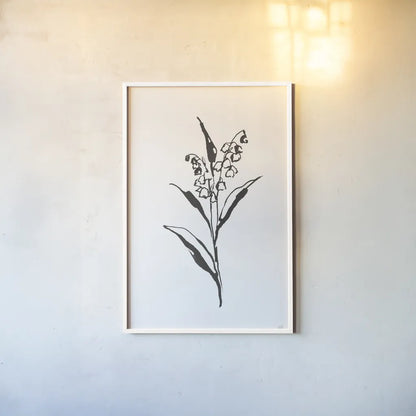 Line Lily of the Valley II by Chris Paschke. shown as a paper print in a white frame. Available as a archival giclee rolled canvas, fine art paper, or poster print. SKU 64185h.