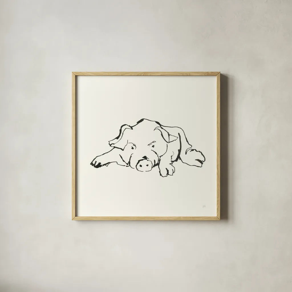 Line Pig I by Chris Paschke. Shown in a natural wood glass frame for a timeless modern aesthetic. Available as an archival giclee rolled canvas, fine art paper, or poster print. SKU 58319a.