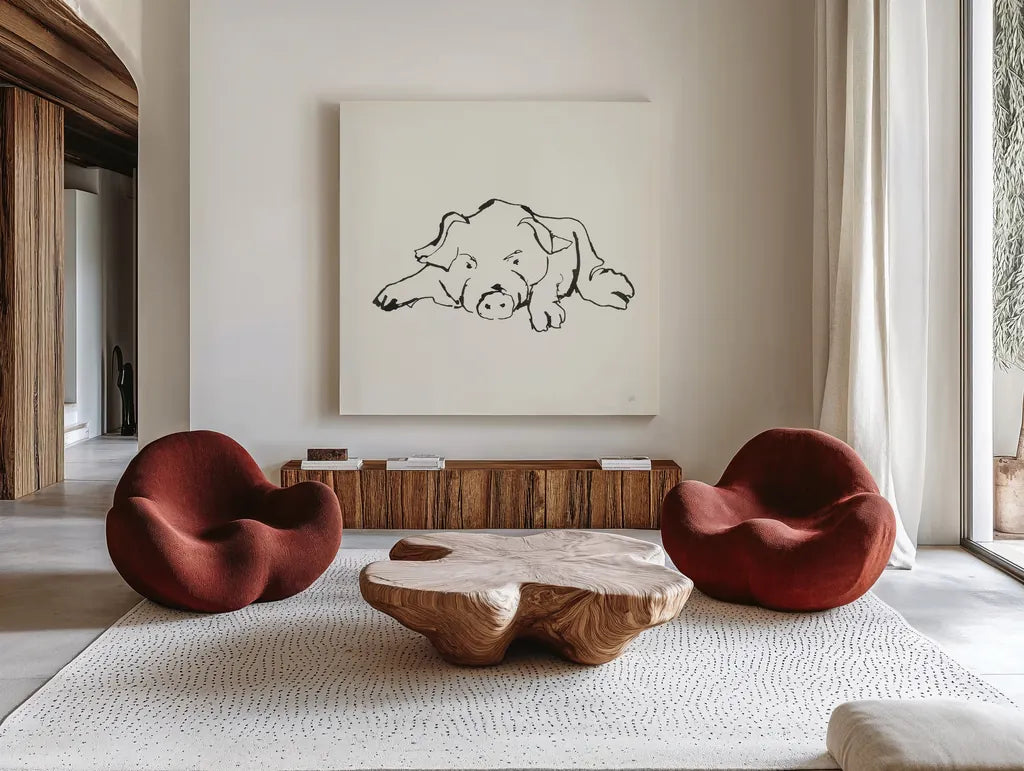 Line Pig I by Chris Paschke. Shown as extra-large giant wall art in a modern living room. Available as an archival giclee rolled canvas, fine art paper, or poster print. SKU 58319a.