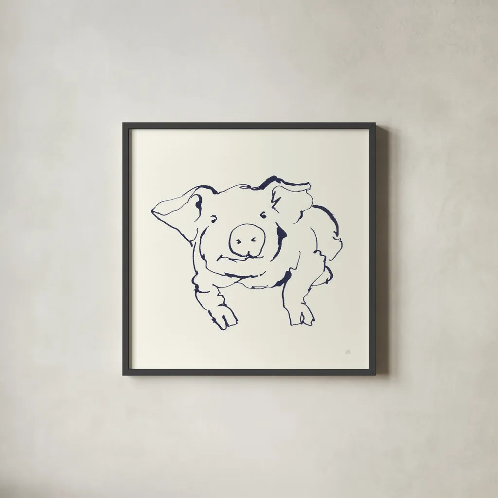 Line Pig II Navy by Chris Paschke. Shown in a sleek black glass frame for a contemporary gallery look. Available as an archival giclee rolled canvas, fine art paper, or poster print. SKU 62293a.