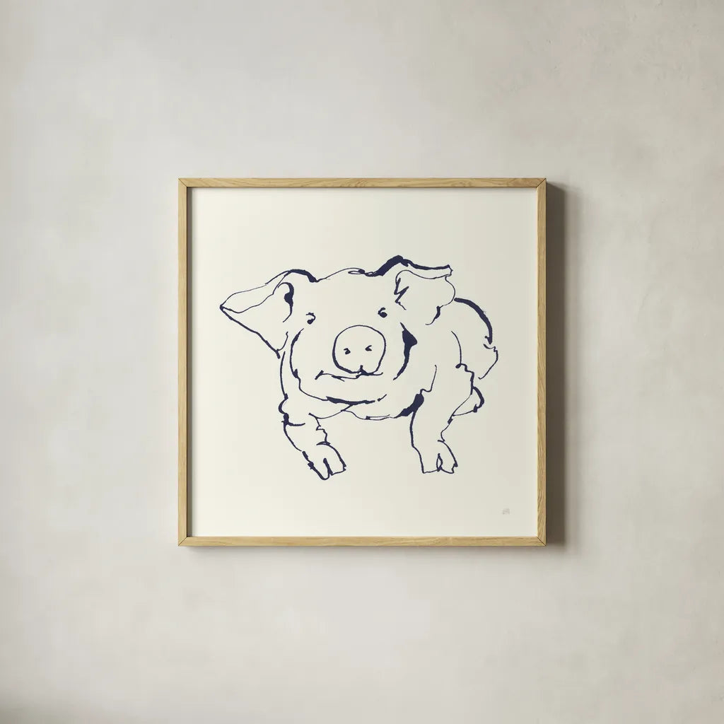 Line Pig II Navy by Chris Paschke. Shown in a natural wood glass frame for a timeless modern aesthetic. Available as an archival giclee rolled canvas, fine art paper, or poster print. SKU 62293a.
