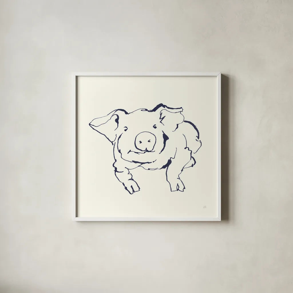 Line Pig II Navy by Chris Paschke. Shown in a crisp white glass frame for a clean and minimalist style. Available as an archival giclee rolled canvas, fine art paper, or poster print. SKU 62293a.