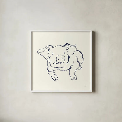 Line Pig II Navy by Chris Paschke. Shown in a crisp white glass frame for a clean and minimalist style. Available as an archival giclee rolled canvas, fine art paper, or poster print. SKU 62293a.