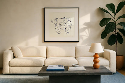 Line Pig II Navy by Chris Paschke. Displayed in a glass frame with matte in a clean modern living room. Available as an archival giclee rolled canvas, fine art paper, or poster print. SKU 62293a.
