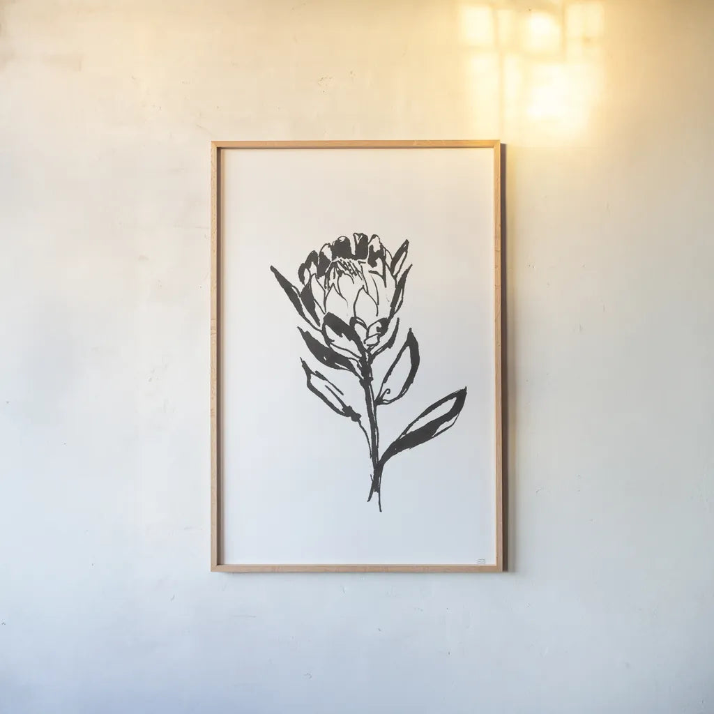 Line Protea II by Chris Paschke. shown as a paper print in a natural frame. Available as a archival giclee rolled canvas, fine art paper, or poster print. SKU 64179h.