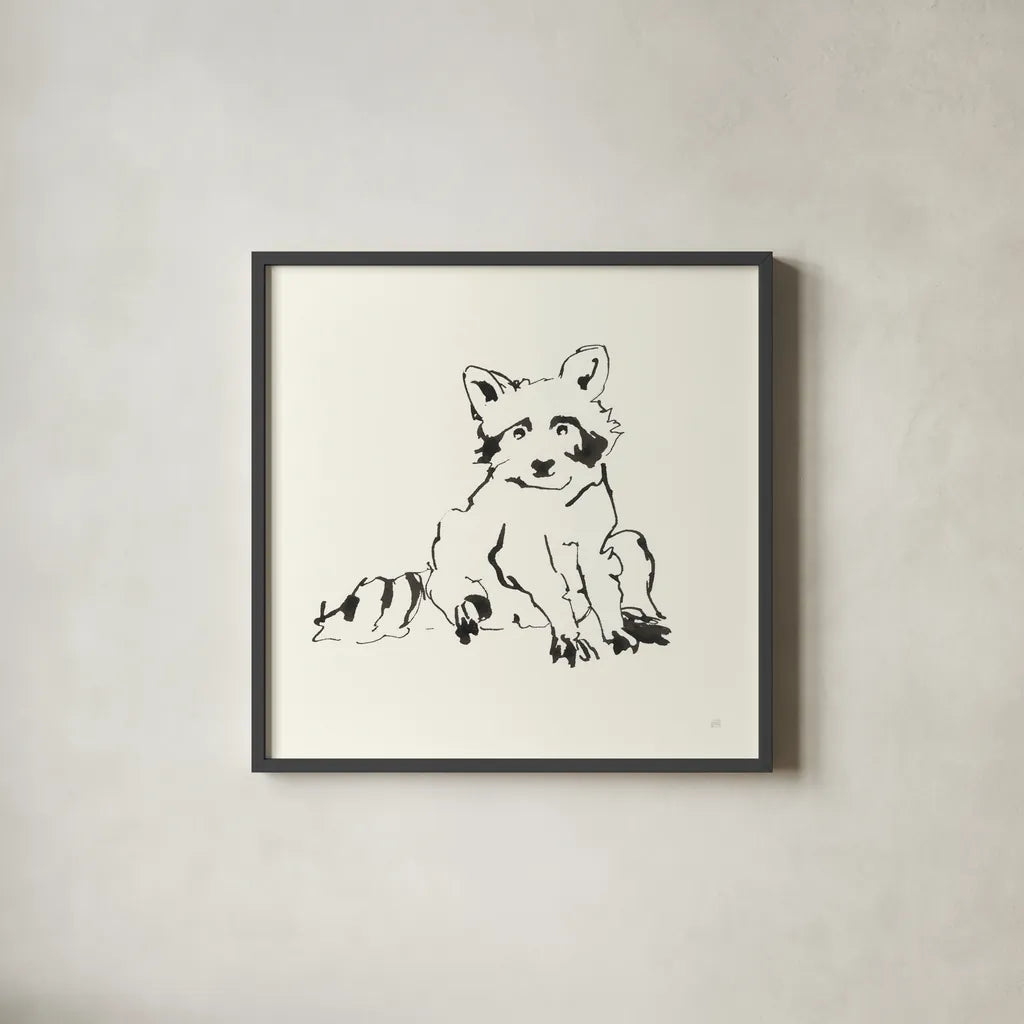 Line Raccoon by Chris Paschke. Shown in a sleek black glass frame for a contemporary gallery look. Available as an archival giclee rolled canvas, fine art paper, or poster print. SKU 58329a.