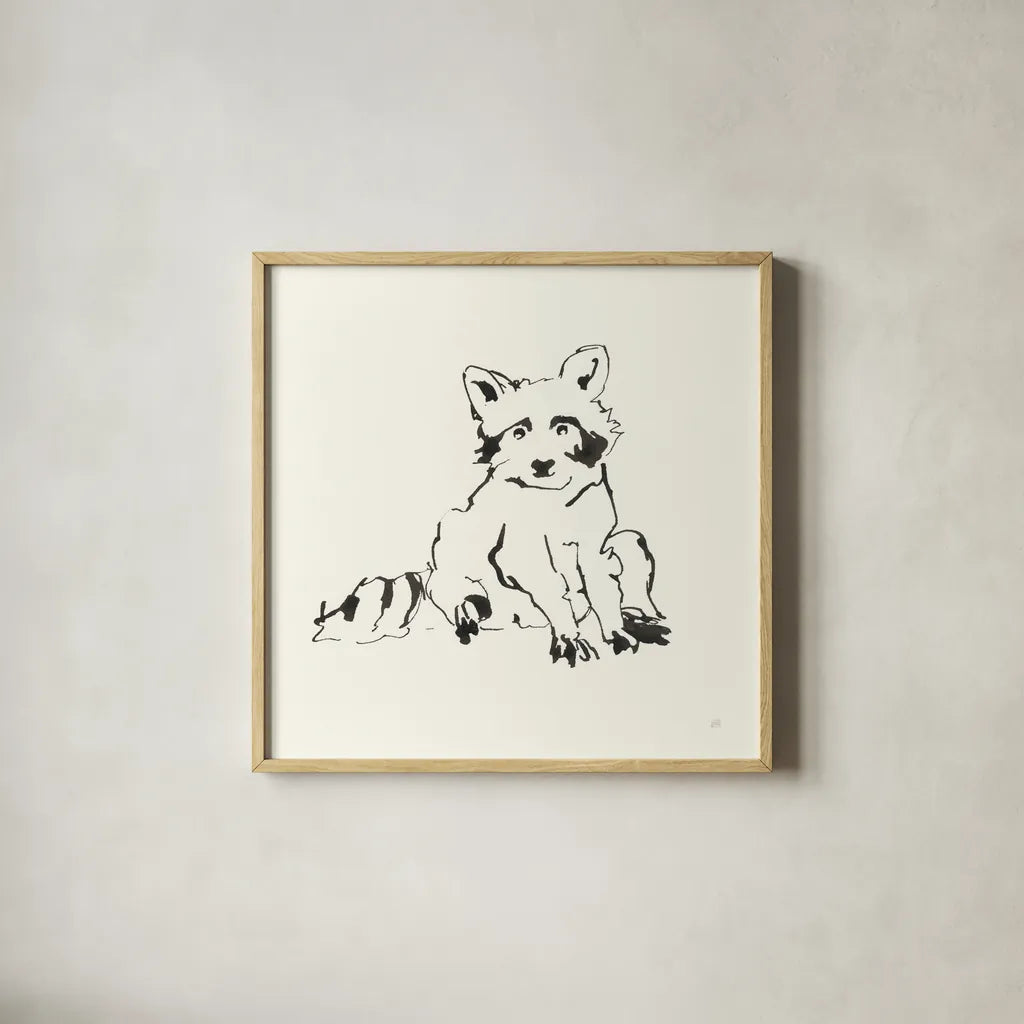 Line Raccoon by Chris Paschke. Shown in a natural wood glass frame for a timeless modern aesthetic. Available as an archival giclee rolled canvas, fine art paper, or poster print. SKU 58329a.