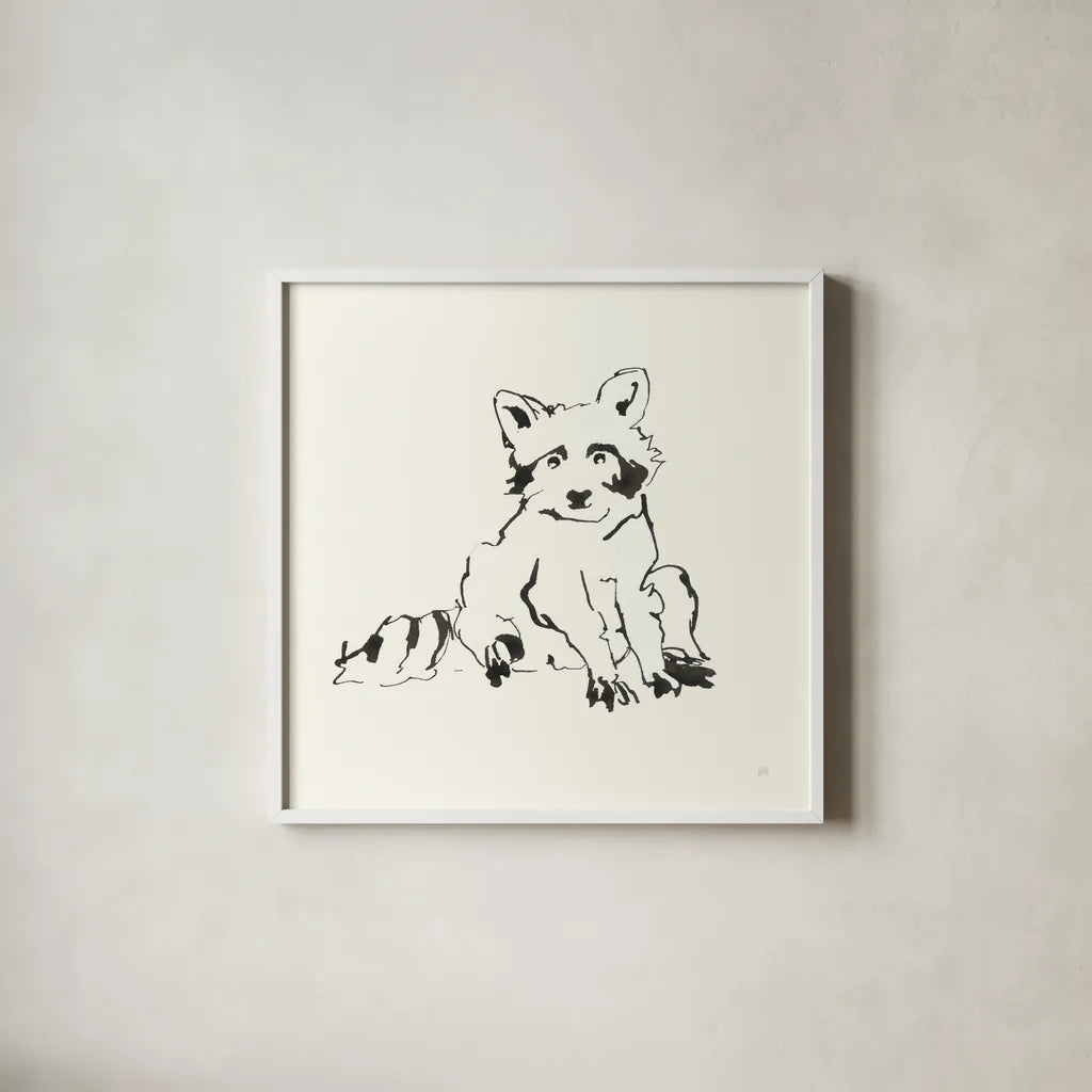 Line Raccoon by Chris Paschke. Shown in a crisp white glass frame for a clean and minimalist style. Available as an archival giclee rolled canvas, fine art paper, or poster print. SKU 58329a.