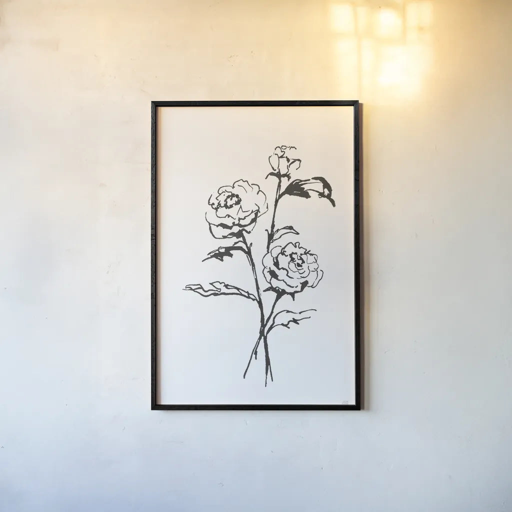 Line Ranunculus I by Chris Paschke. shown as a paper print in a black flame. Available as a archival giclee rolled canvas, fine art paper, or poster print. SKU 64180h.