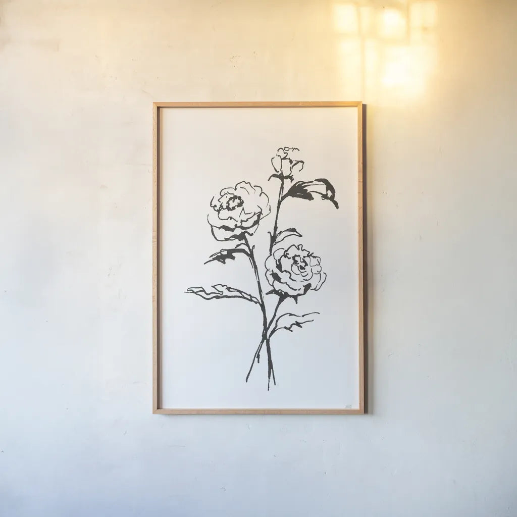 Line Ranunculus I by Chris Paschke. shown as a paper print in a natural frame. Available as a archival giclee rolled canvas, fine art paper, or poster print. SKU 64180h.
