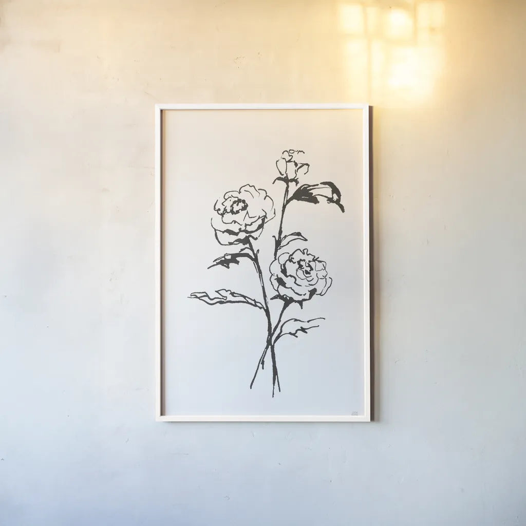 Line Ranunculus I by Chris Paschke. shown as a paper print in a white frame. Available as a archival giclee rolled canvas, fine art paper, or poster print. SKU 64180h.