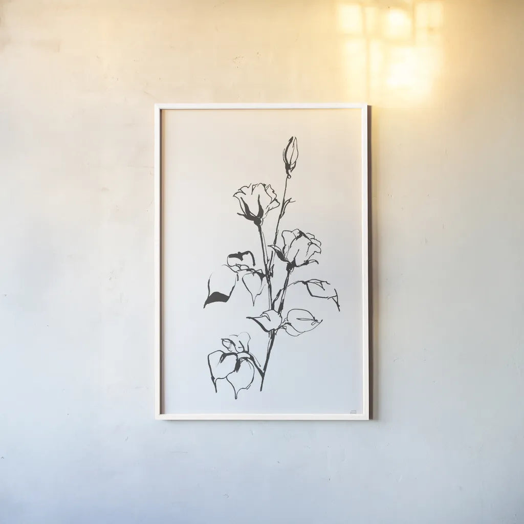 Line Rosebuds by Chris Paschke. shown as a paper print in a white frame. Available as a archival giclee rolled canvas, fine art paper, or poster print. SKU 64194h.