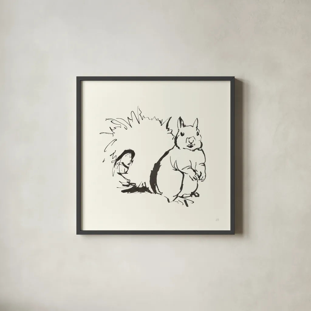 Line Squirrel by Chris Paschke. Shown in a sleek black glass frame for a contemporary gallery look. Available as an archival giclee rolled canvas, fine art paper, or poster print. SKU 58330a.