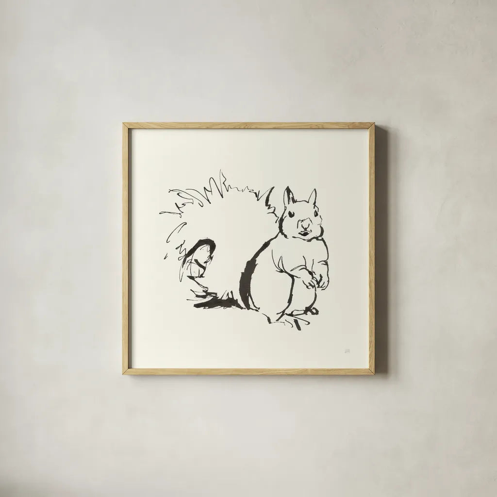 Line Squirrel by Chris Paschke. Shown in a natural wood glass frame for a timeless modern aesthetic. Available as an archival giclee rolled canvas, fine art paper, or poster print. SKU 58330a.