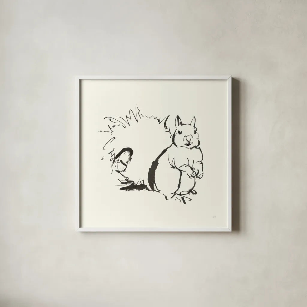 Line Squirrel by Chris Paschke. Shown in a crisp white glass frame for a clean and minimalist style. Available as an archival giclee rolled canvas, fine art paper, or poster print. SKU 58330a.