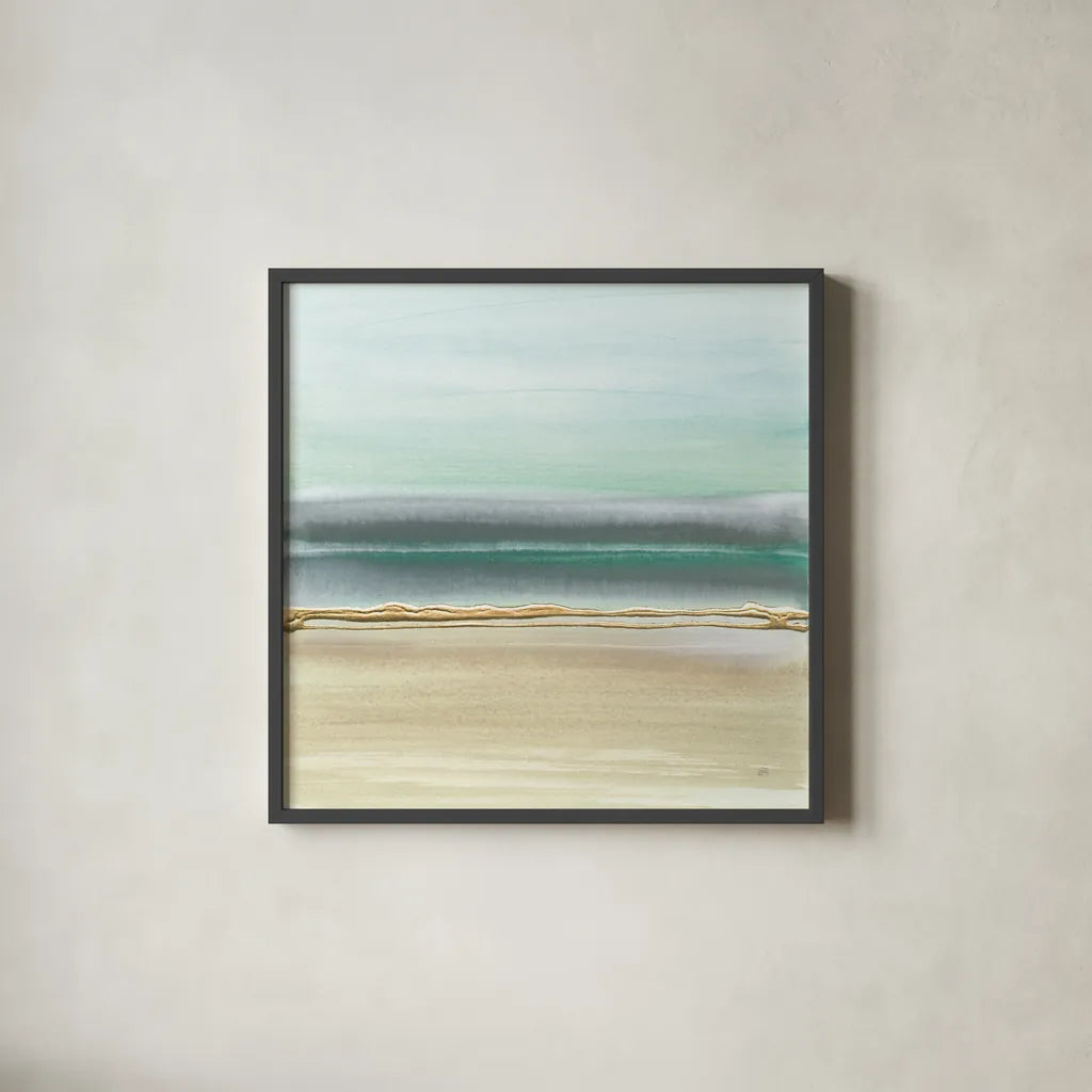 Linear Emerald I by Chris Paschke. Shown in a sleek black glass frame for a contemporary gallery look. Available as an archival giclee rolled canvas, fine art paper, or poster print. SKU 75445a.