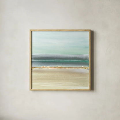 Linear Emerald I by Chris Paschke. Shown in a natural wood glass frame for a timeless modern aesthetic. Available as an archival giclee rolled canvas, fine art paper, or poster print. SKU 75445a.
