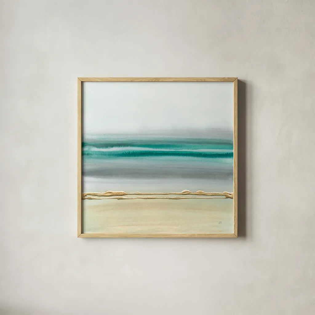 Linear Emerald II by Chris Paschke. Shown in a natural wood glass frame for a timeless modern aesthetic. Available as an archival giclee rolled canvas, fine art paper, or poster print. SKU 75446a.