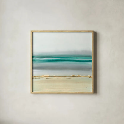 Linear Emerald II by Chris Paschke. Shown in a natural wood glass frame for a timeless modern aesthetic. Available as an archival giclee rolled canvas, fine art paper, or poster print. SKU 75446a.