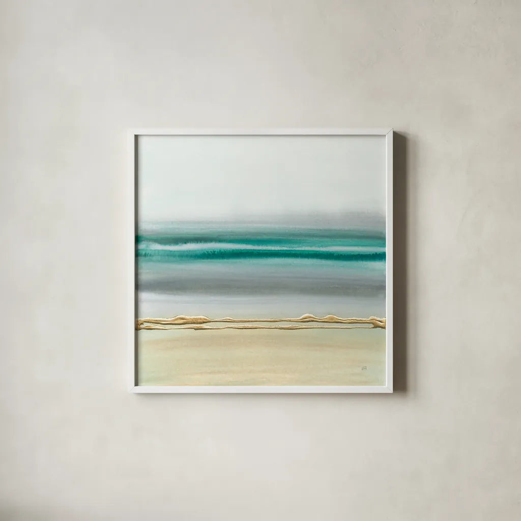 Linear Emerald II by Chris Paschke. Shown in a crisp white glass frame for a clean and minimalist style. Available as an archival giclee rolled canvas, fine art paper, or poster print. SKU 75446a.