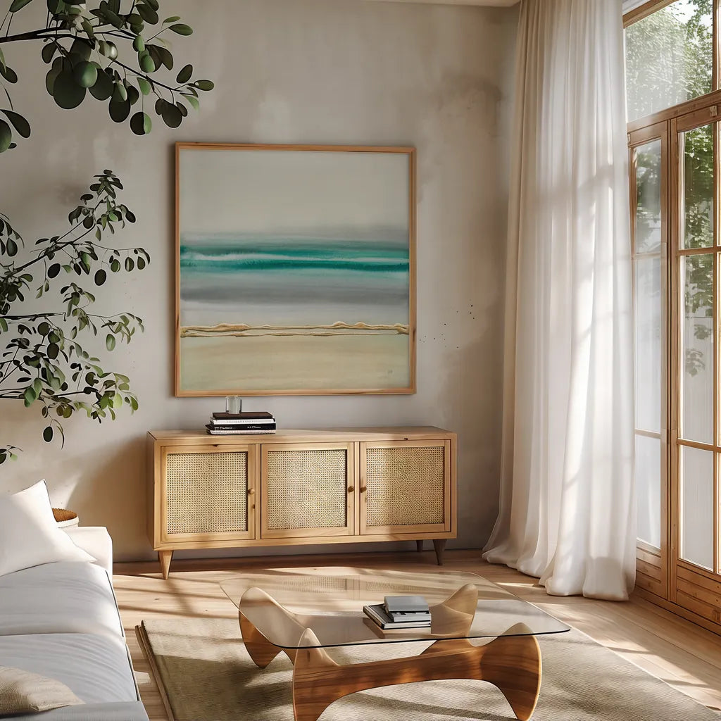 Linear Emerald II by Chris Paschke. Shown in a natural wood frame in a cozy modern living room. Available as an archival giclee rolled canvas, fine art paper, or poster print. SKU 75446a.