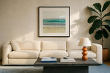 Linear Emerald II by Chris Paschke. Displayed in a glass frame with matte in a clean modern living room. Available as an archival giclee rolled canvas, fine art paper, or poster print. SKU 75446a.