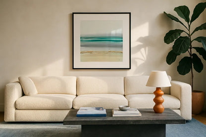 Linear Emerald II by Chris Paschke. Displayed in a glass frame with matte in a clean modern living room. Available as an archival giclee rolled canvas, fine art paper, or poster print. SKU 75446a.