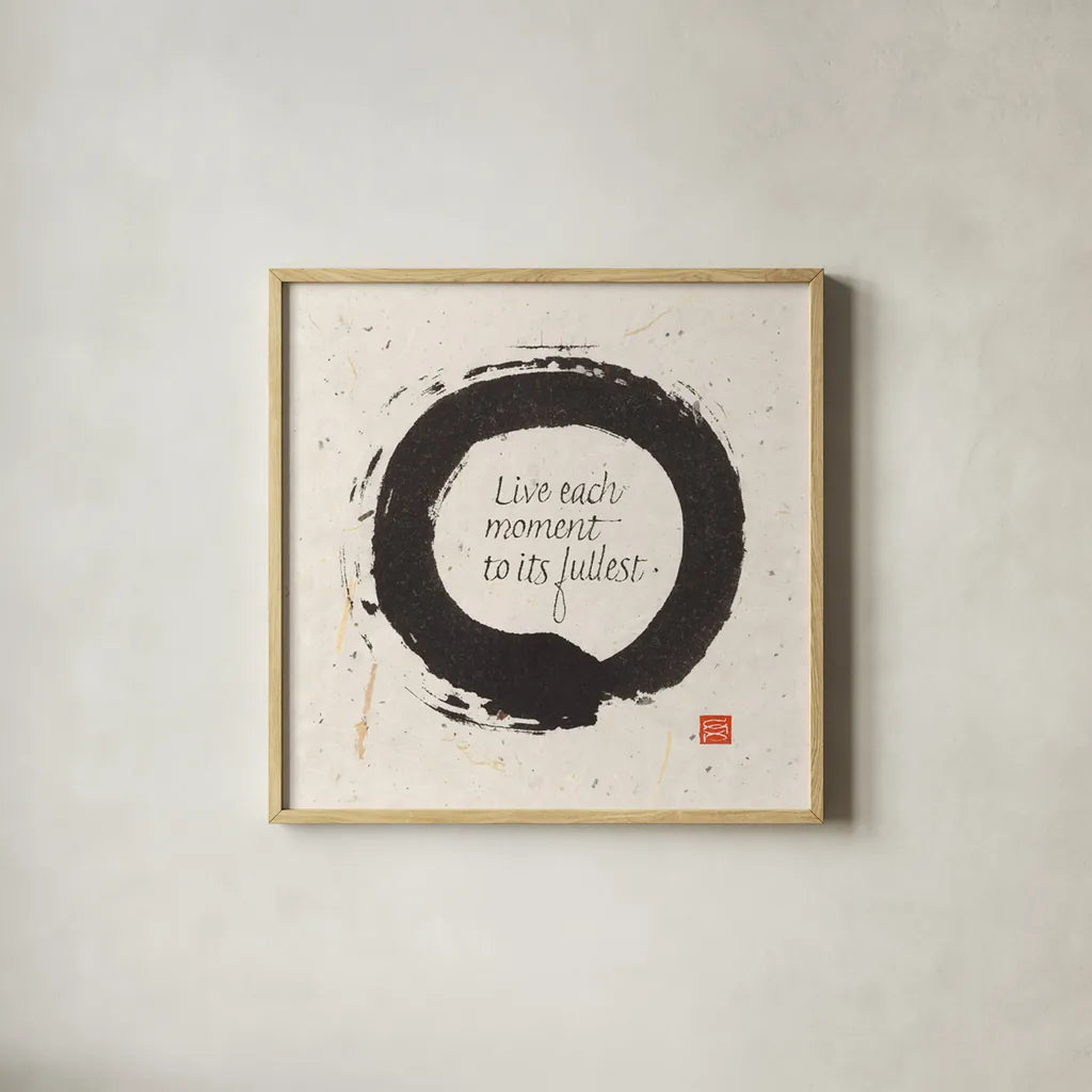 Live each Moment by Chris Paschke. Shown in a natural wood glass frame for a timeless modern aesthetic. Available as an archival giclee rolled canvas, fine art paper, or poster print. SKU 1399a.