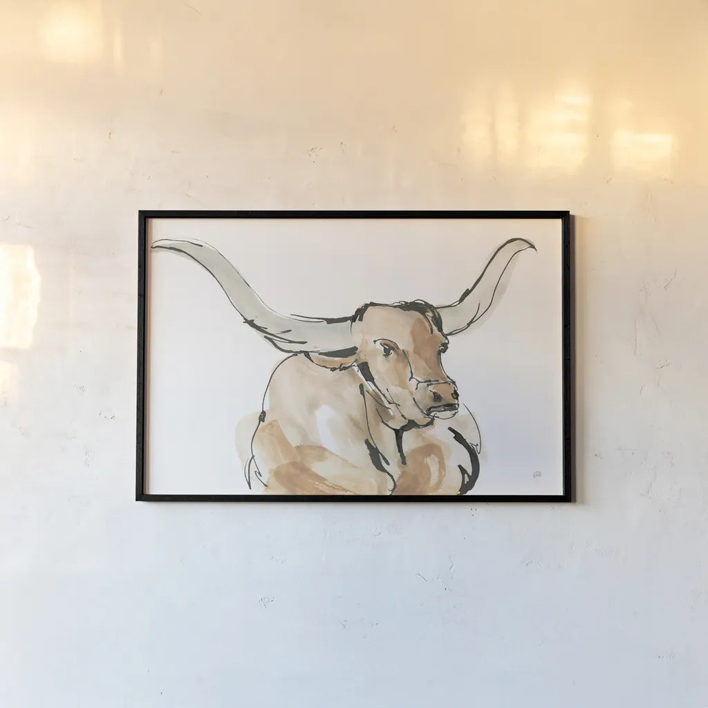 Longhorn I by Chris Paschke. shown as a paper print in a black flame. Available as a archival giclee rolled canvas, fine art paper, or poster print. SKU 53313i.