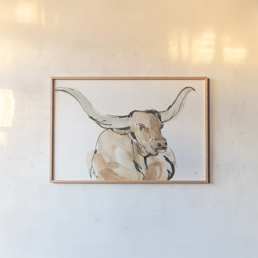 Longhorn I by Chris Paschke. shown as a paper print in a natural frame. Available as a archival giclee rolled canvas, fine art paper, or poster print. SKU 53313i.