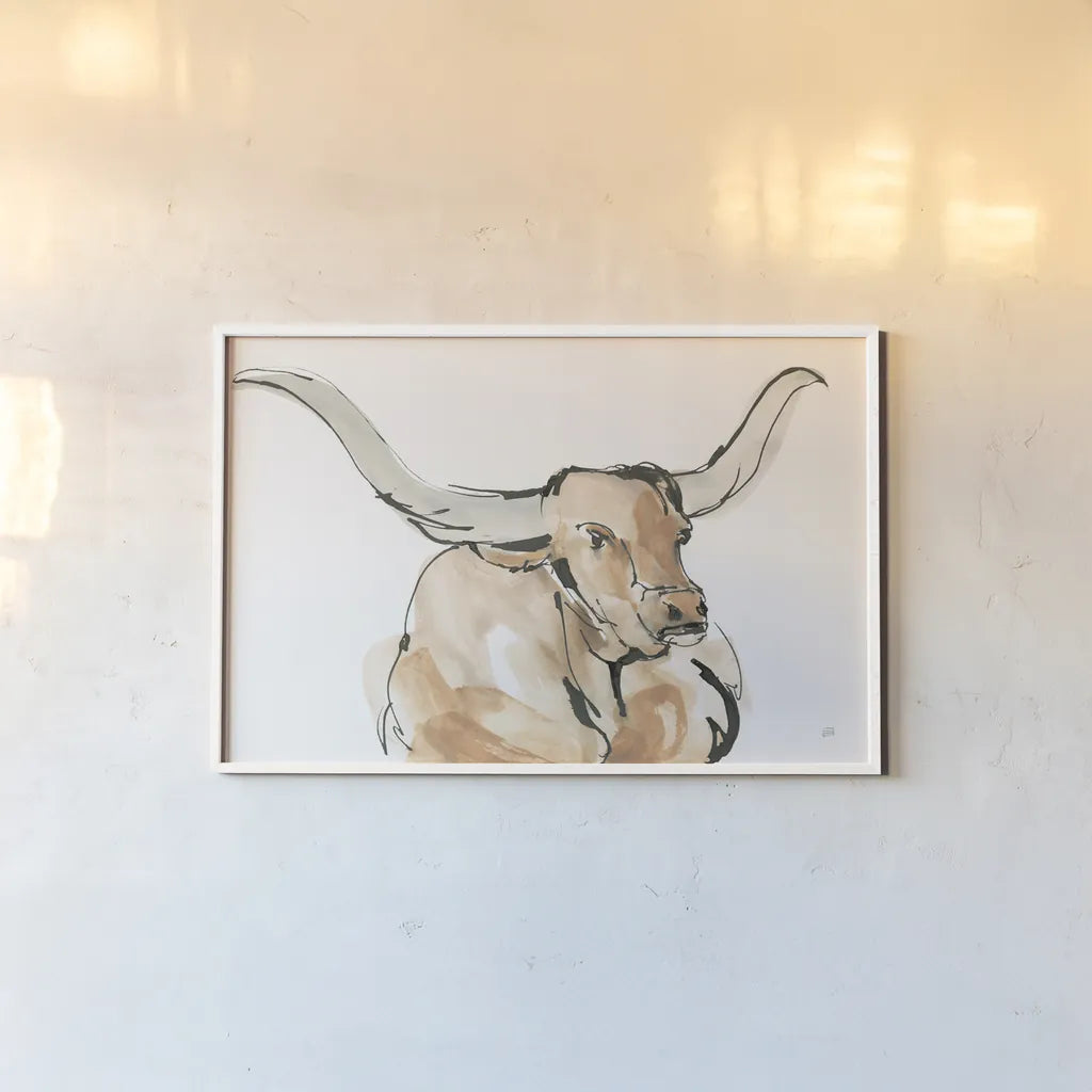 Longhorn I by Chris Paschke. shown as a paper print in a white frame. Available as a archival giclee rolled canvas, fine art paper, or poster print. SKU 53313i.
