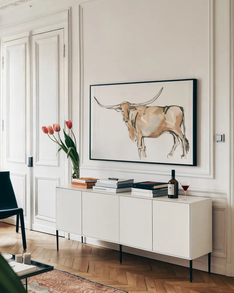 Longhorn II by Chris Paschke. shown as a framed stretched canvas in a living room above a console. Available as a archival giclee rolled canvas, fine art paper, or poster print. SKU 53314i.