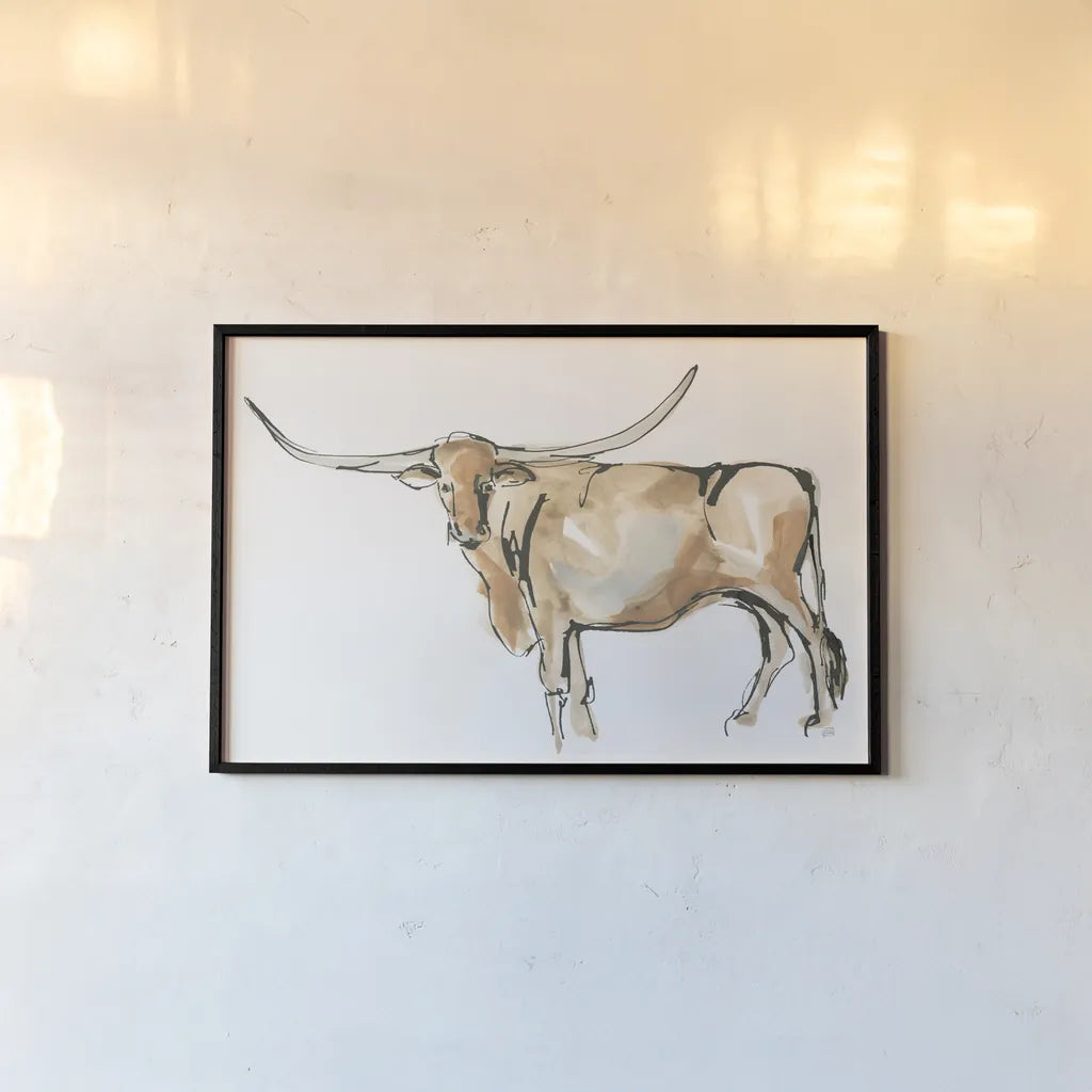 Longhorn II by Chris Paschke. shown as a paper print in a black flame. Available as a archival giclee rolled canvas, fine art paper, or poster print. SKU 53314i.