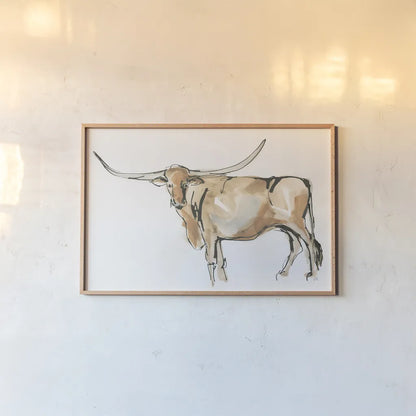 Longhorn II by Chris Paschke. shown as a paper print in a natural frame. Available as a archival giclee rolled canvas, fine art paper, or poster print. SKU 53314i.