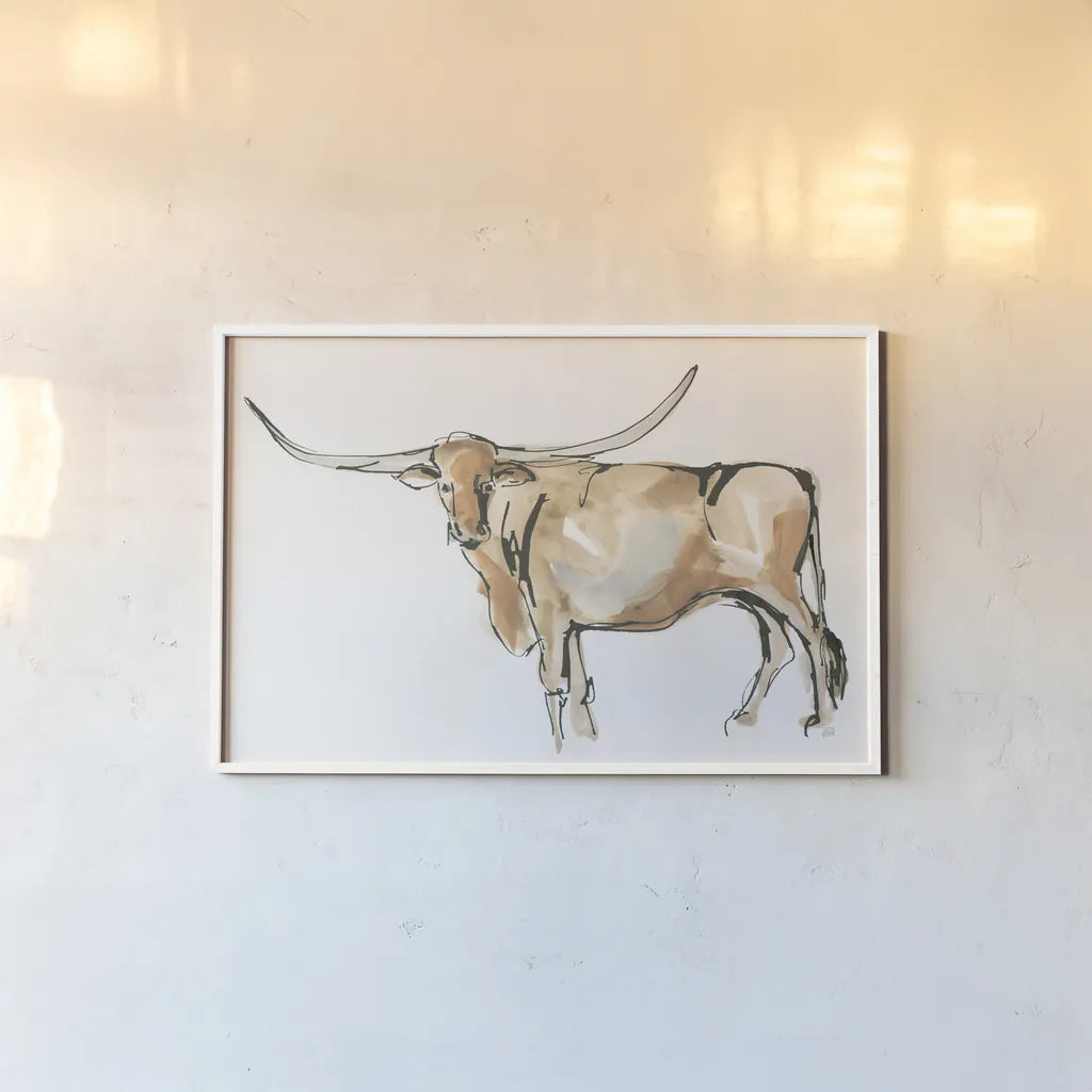 Longhorn II by Chris Paschke. shown as a paper print in a white frame. Available as a archival giclee rolled canvas, fine art paper, or poster print. SKU 53314i.