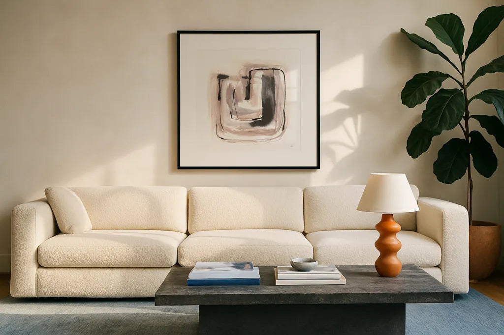 Lost in Squares IV by Chris Paschke. Displayed in a glass frame with matte in a clean modern living room. Available as an archival giclee rolled canvas, fine art paper, or poster print. SKU 70674a.