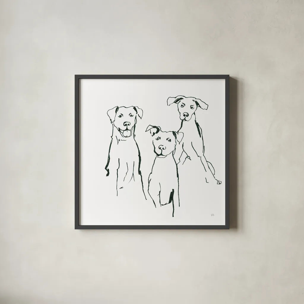 Lovable Mutts I by Chris Paschke. Shown in a sleek black glass frame for a contemporary gallery look. Available as an archival giclee rolled canvas, fine art paper, or poster print. SKU 63401a.