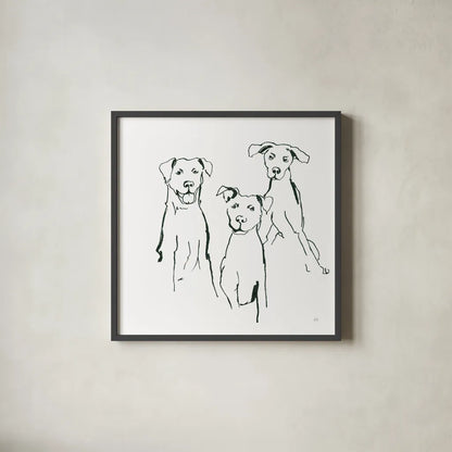 Lovable Mutts I by Chris Paschke. Shown in a sleek black glass frame for a contemporary gallery look. Available as an archival giclee rolled canvas, fine art paper, or poster print. SKU 63401a.