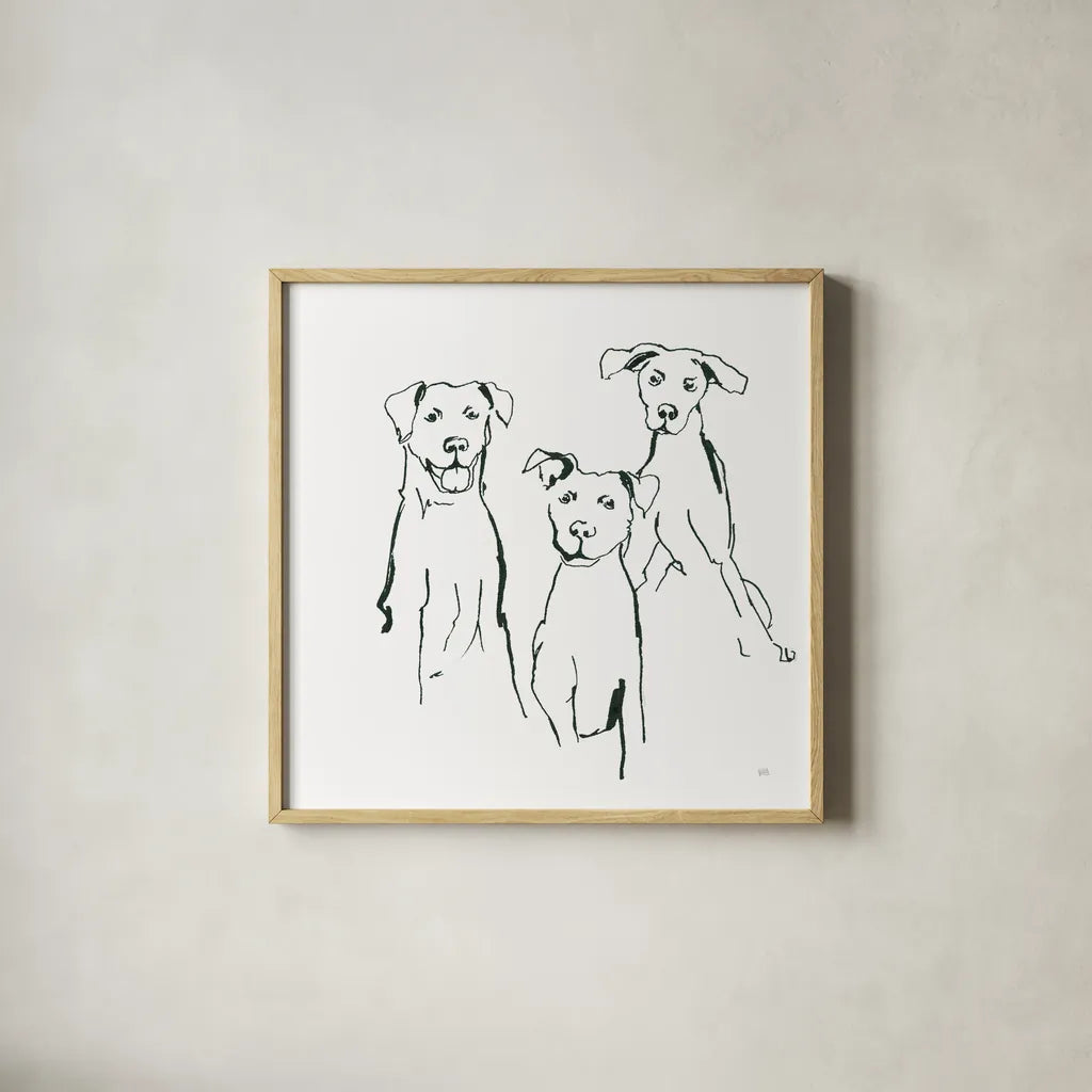 Lovable Mutts I by Chris Paschke. Shown in a natural wood glass frame for a timeless modern aesthetic. Available as an archival giclee rolled canvas, fine art paper, or poster print. SKU 63401a.