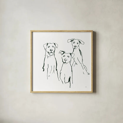 Lovable Mutts I by Chris Paschke. Shown in a natural wood glass frame for a timeless modern aesthetic. Available as an archival giclee rolled canvas, fine art paper, or poster print. SKU 63401a.