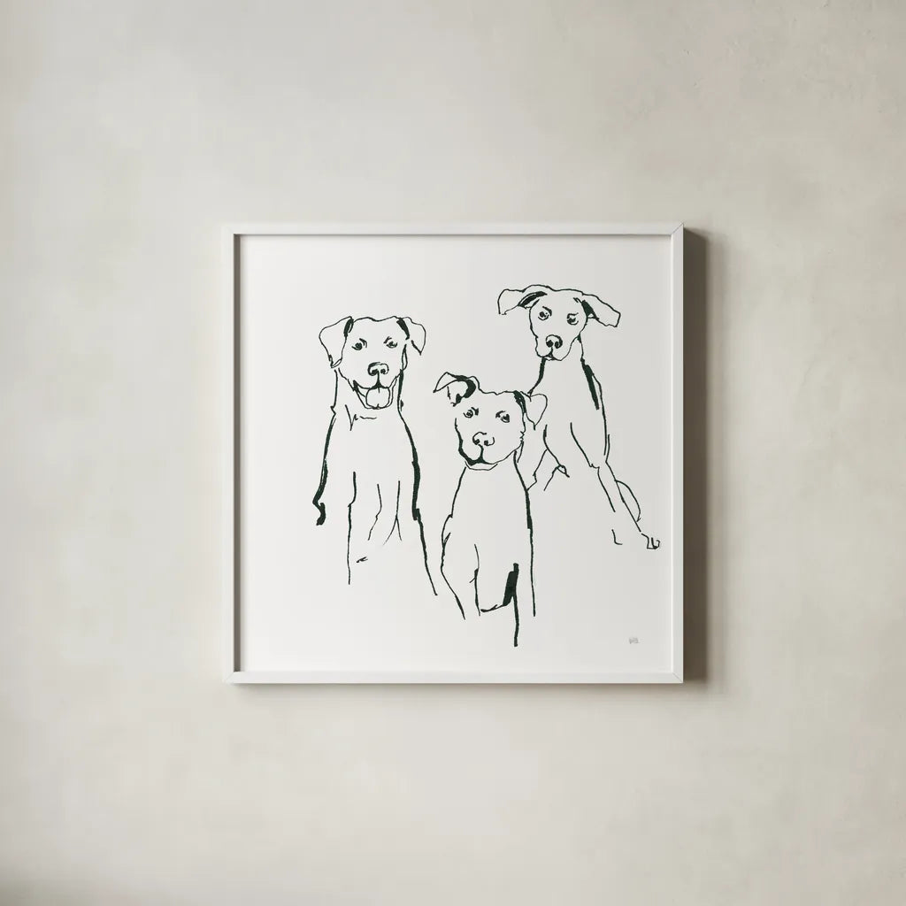 Lovable Mutts I by Chris Paschke. Shown in a crisp white glass frame for a clean and minimalist style. Available as an archival giclee rolled canvas, fine art paper, or poster print. SKU 63401a.
