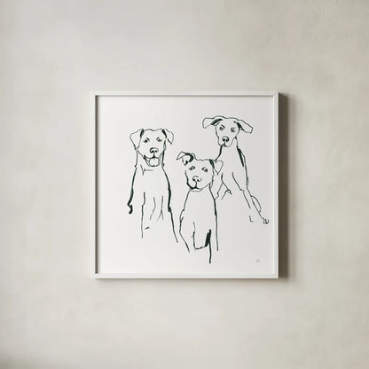 Lovable Mutts I by Chris Paschke. Shown in a crisp white glass frame for a clean and minimalist style. Available as an archival giclee rolled canvas, fine art paper, or poster print. SKU 63401a.