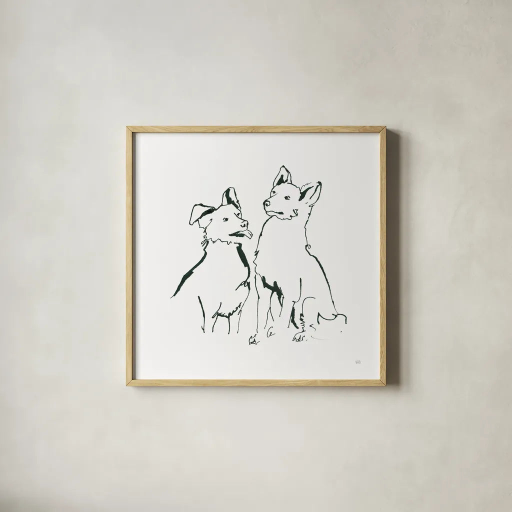 Lovable Mutts VI by Chris Paschke. Shown in a natural wood glass frame for a timeless modern aesthetic. Available as an archival giclee rolled canvas, fine art paper, or poster print. SKU 63406a.