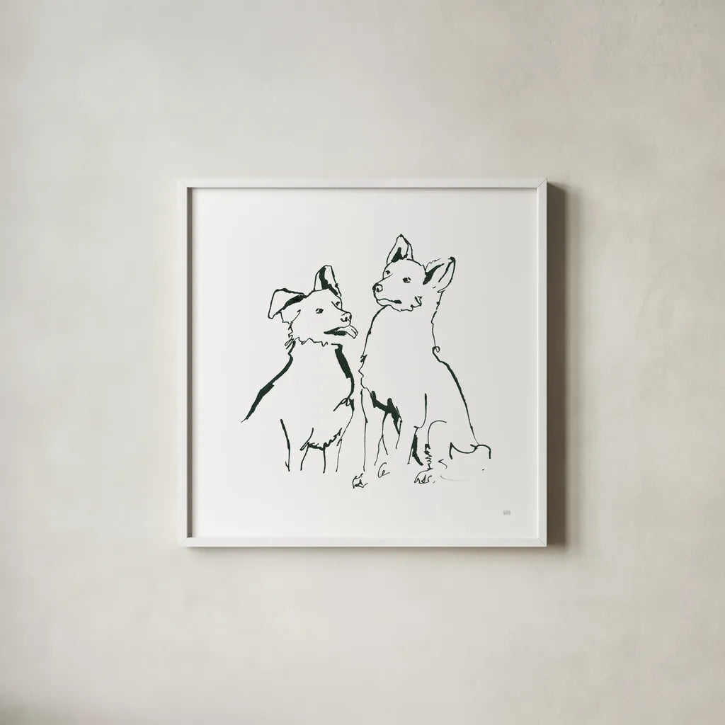 Lovable Mutts VI by Chris Paschke. Shown in a crisp white glass frame for a clean and minimalist style. Available as an archival giclee rolled canvas, fine art paper, or poster print. SKU 63406a.