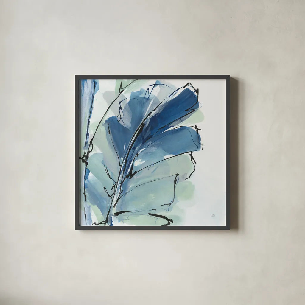 Luxe Banana Leaf II by Chris Paschke. Shown in a sleek black glass frame for a contemporary gallery look. Available as an archival giclee rolled canvas, fine art paper, or poster print. SKU 84577a.