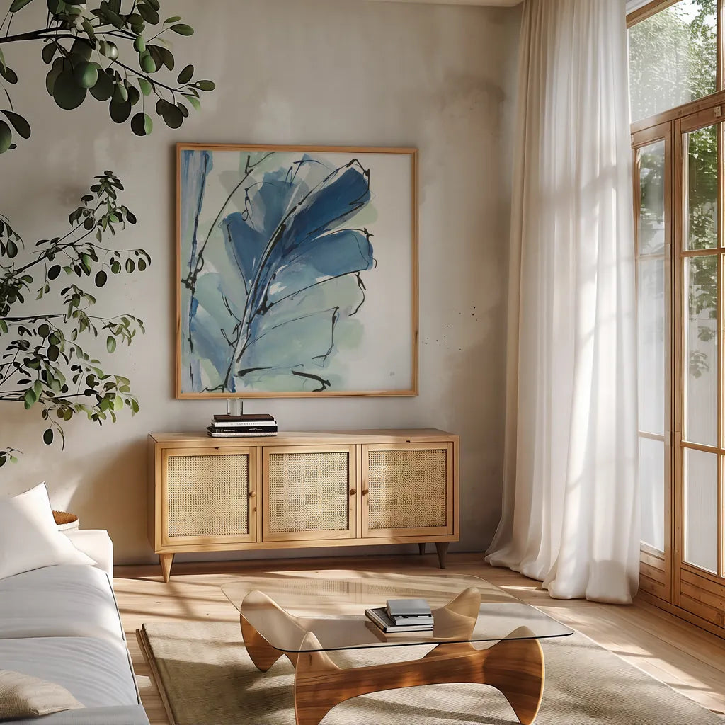 Luxe Banana Leaf II by Chris Paschke. Shown in a natural wood frame in a cozy modern living room. Available as an archival giclee rolled canvas, fine art paper, or poster print. SKU 84577a.