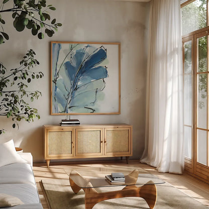 Luxe Banana Leaf II by Chris Paschke. Shown in a natural wood frame in a cozy modern living room. Available as an archival giclee rolled canvas, fine art paper, or poster print. SKU 84577a.