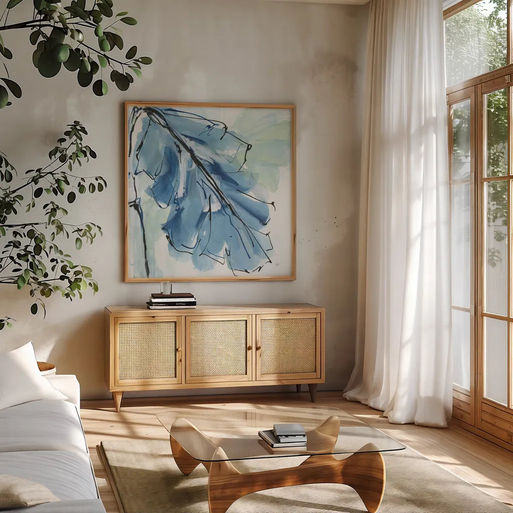 Luxe Banana Leaf IV by Chris Paschke. Shown in a natural wood frame in a cozy modern living room. Available as an archival giclee rolled canvas, fine art paper, or poster print. SKU 84579a.