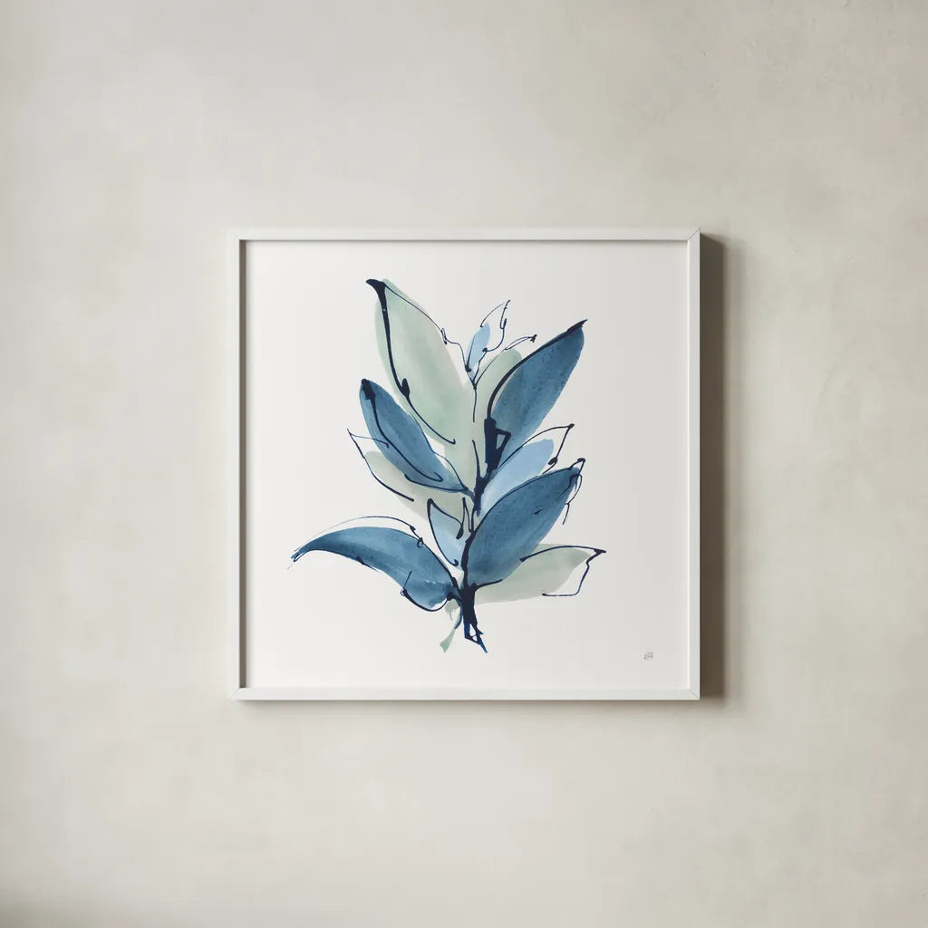 Luxe Leaf II by Chris Paschke. Shown in a crisp white glass frame for a clean and minimalist style. Available as an archival giclee rolled canvas, fine art paper, or poster print. SKU 84573a.